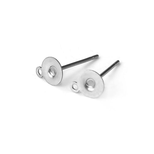 Stud Earring Settings, Stainless Steel, Flat Pad, With Loop, Silver, 6mm - BEADED CREATIONS