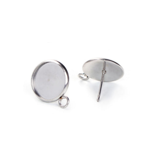 Stud Earring Settings, Stainless Steel, Round, With Closed Loop, Silver, 14mm - BEADED CREATIONS