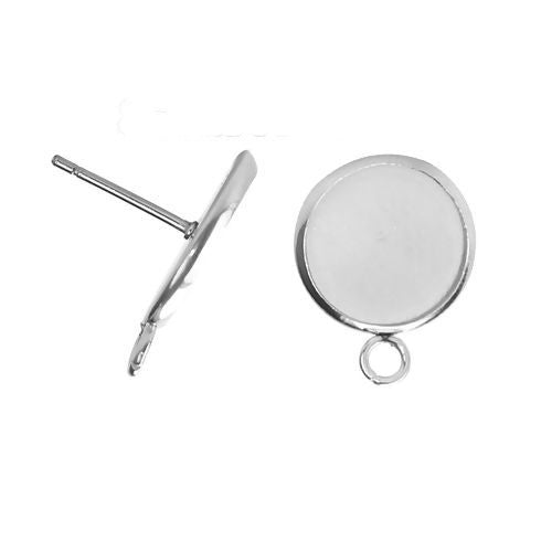 Stud Earring Settings, Stainless Steel, Round, With Closed Loop, Silver, 14mm - BEADED CREATIONS