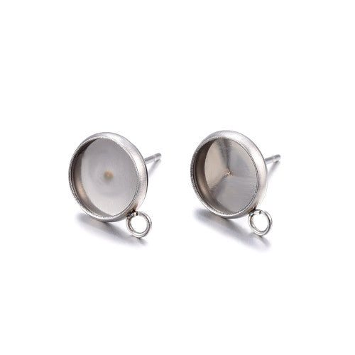 Stud Earring Settings, Stainless Steel, Round, With Open Loop, Silver, 12mm - BEADED CREATIONS