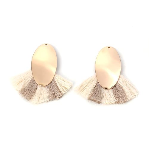 Tassel Pendants, Cotton, With Golden Oval Alloy Findings, Fan-Shaped, Khaki, Beige, 6cm