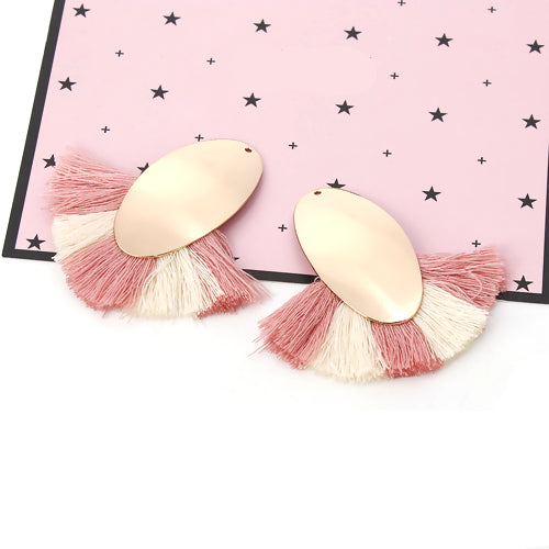 Tassel Pendants, Cotton, With Golden Oval Alloy Findings, Fan-Shaped, Pink, Beige, 6cm - BEADED CREATIONS