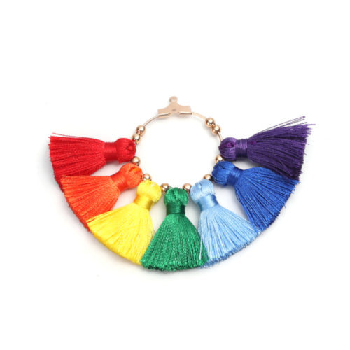 Tassel Pendants, Polyester, With Alloy Ring Findings, Fan-Shaped, Light Gold, Rainbow, 7.1cm - BEADED CREATIONS