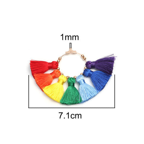 Tassel Pendants, Polyester, With Alloy Ring Findings, Fan-Shaped, Light Gold, Rainbow, 7.1cm - BEADED CREATIONS