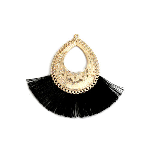 Tassel Pendants, Polyester, With Golden Alloy Teardrop, Fan-Shaped, Black, 7cm - BEADED CREATIONS