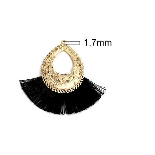 Tassel Pendants, Polyester, With Golden Alloy Teardrop, Fan-Shaped, Black, 7cm - BEADED CREATIONS