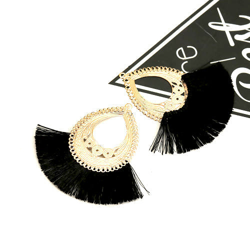 Tassel Pendants, Polyester, With Golden Alloy Teardrop, Fan-Shaped, Black, 7cm - BEADED CREATIONS