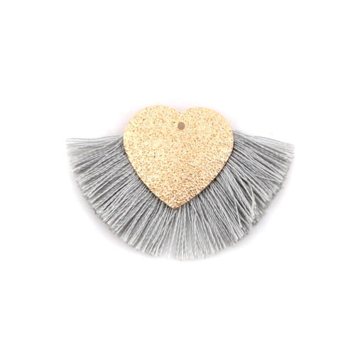 Tassel Pendants, Polyester, With Golden Alloy Textured Heart, Grey, 25x40mm - BEADED CREATIONS