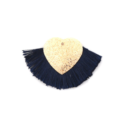 Tassel Pendants, Polyester, With Golden Alloy Textured Heart, Navy Blue, 25x40mm - BEADED CREATIONS