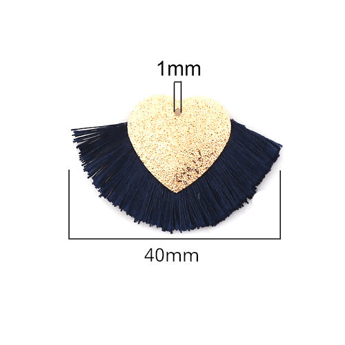 Tassel Pendants, Polyester, With Golden Alloy Textured Heart, Navy Blue, 25x40mm - BEADED CREATIONS