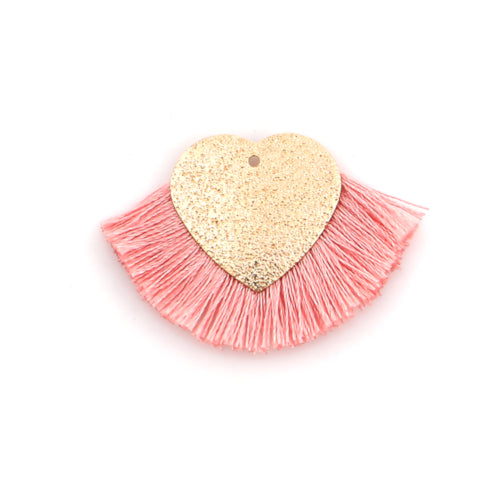 Tassel Pendants, Polyester, With Golden Alloy Textured Heart, Pink, 25x40mm - BEADED CREATIONS