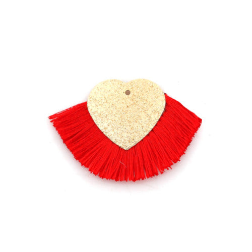 Tassel Pendants, Polyester, With Golden Alloy Textured Heart, Red, 25x40mm - BEADED CREATIONS