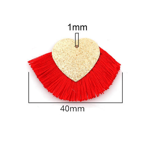 Tassel Pendants, Polyester, With Golden Alloy Textured Heart, Red, 25x40mm - BEADED CREATIONS