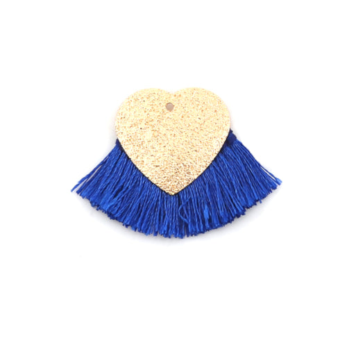 Tassel Pendants, Polyester, With Golden Alloy Textured Heart, Royal Blue, 25x40mm - BEADED CREATIONS