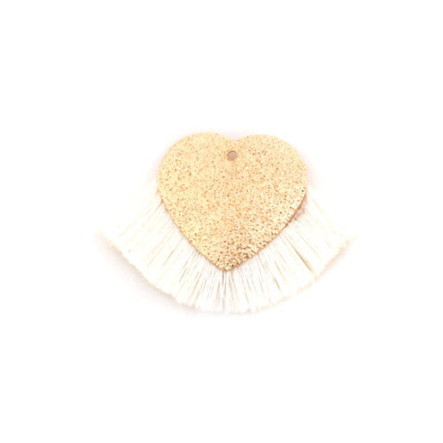 Tassel Pendants, Polyester, With Golden Alloy Textured Heart, White, 25x40mm - BEADED CREATIONS