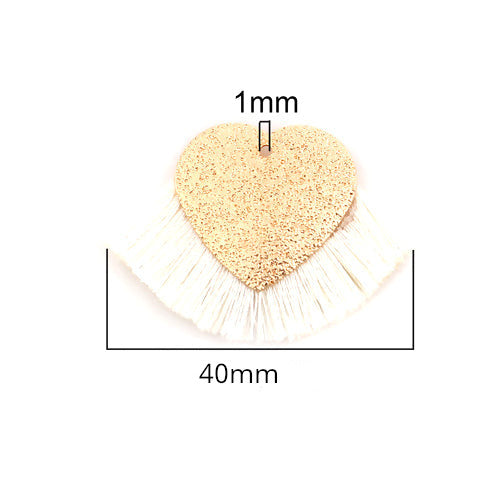 Tassel Pendants, Polyester, With Golden Alloy Textured Heart, White, 25x40mm - BEADED CREATIONS