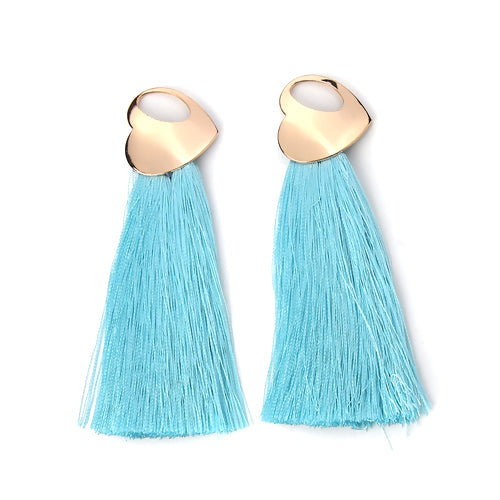 Tassel Pendants, Polyester, With Golden Iron Heart Components, Sky Blue, 10cm - BEADED CREATIONS