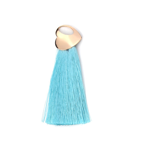 Tassel Pendants, Polyester, With Golden Iron Heart Components, Sky Blue, 10cm - BEADED CREATIONS