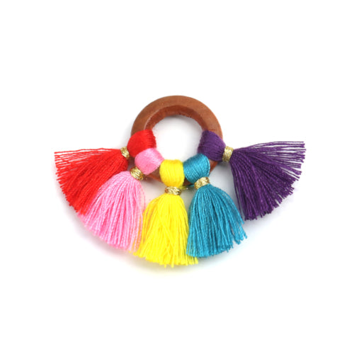 Tassel Pendants, Polyester, With Wood Ring, Fan-Shaped, Rainbow, 3.5cm - BEADED CREATIONS