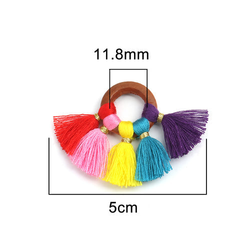 Tassel Pendants, Polyester, With Wood Ring, Fan-Shaped, Rainbow, 3.5cm - BEADED CREATIONS