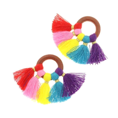 Tassel Pendants, Polyester, With Wood Ring, Fan-Shaped, Rainbow, 3.5cm - BEADED CREATIONS