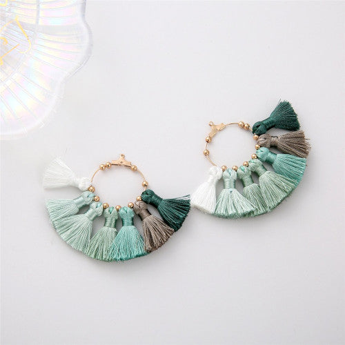 Tassel Pendants, Fan, With Light Gold Hoop, Green, Grey, White, 71mm - BEADED CREATIONS