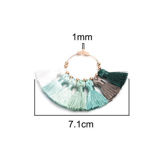 Tassel Pendants, Fan, With Light Gold Hoop, Green, Grey, White, 71mm - BEADED CREATIONS
