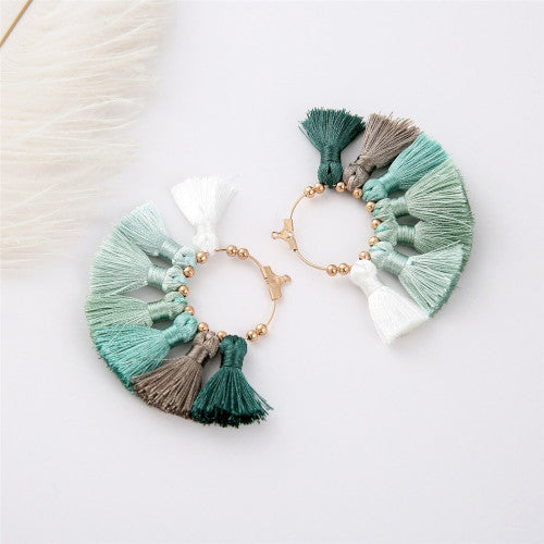 Tassel Pendants, Fan, With Light Gold Hoop, Green, Grey, White, 71mm - BEADED CREATIONS