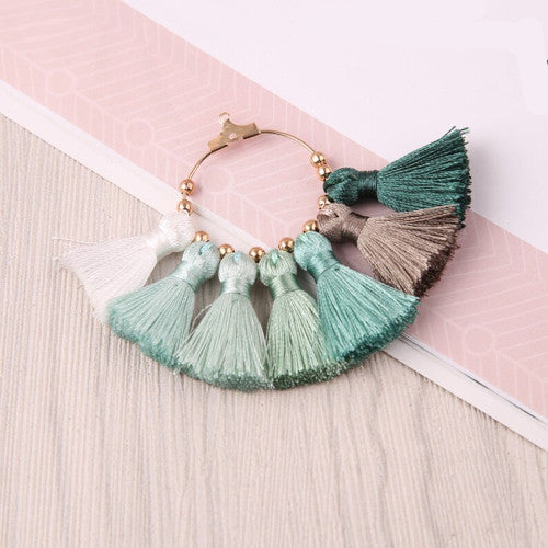 Tassel Pendants, Fan, With Light Gold Hoop, Green, Grey, White, 71mm - BEADED CREATIONS