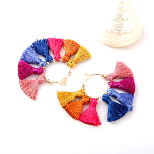 Tassel Pendants, Fan, With Light Gold Hoop, Multicolor, 71mm - BEADED CREATIONS