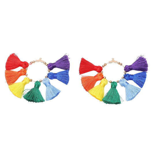 Tassel Pendants, Fan, With Light Gold Hoop, Rainbow, 71mm - BEADED CREATIONS