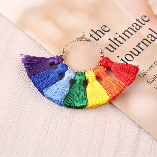 Tassel Pendants, Fan, With Light Gold Hoop, Rainbow, 71mm - BEADED CREATIONS