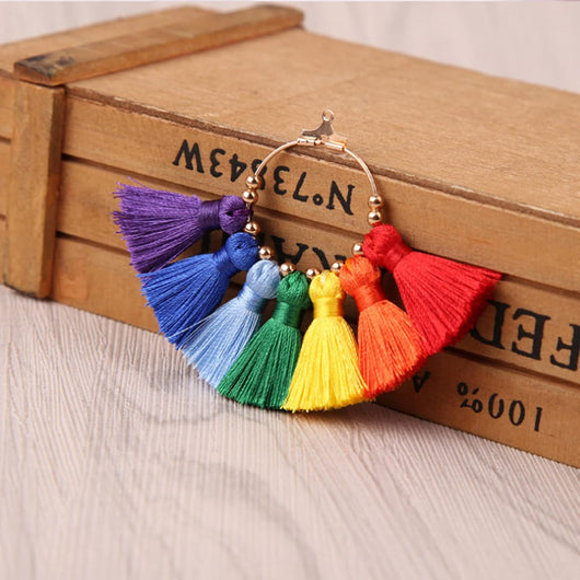 Tassel Pendants, Fan, With Light Gold Hoop, Rainbow, 71mm - BEADED CREATIONS