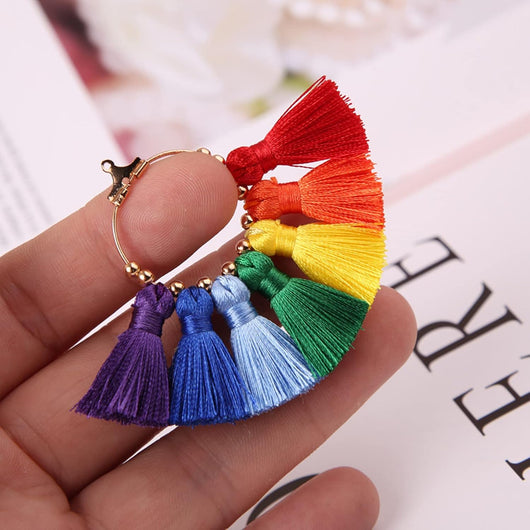 Tassel Pendants, Fan, With Light Gold Hoop, Rainbow, 71mm - BEADED CREATIONS