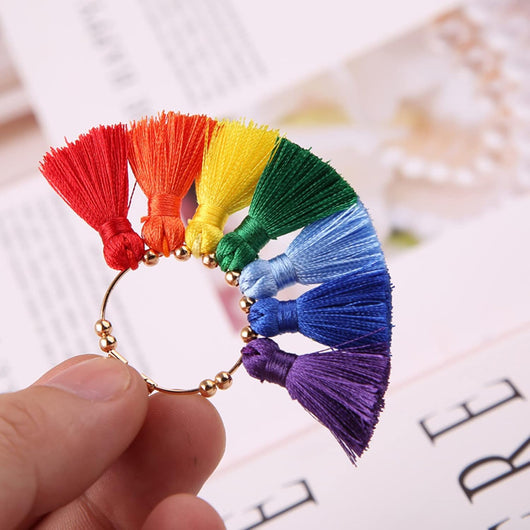 Tassel Pendants, Fan, With Light Gold Hoop, Rainbow, 71mm - BEADED CREATIONS