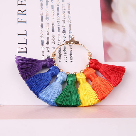 Tassel Pendants, Fan, With Light Gold Hoop, Rainbow, 71mm - BEADED CREATIONS