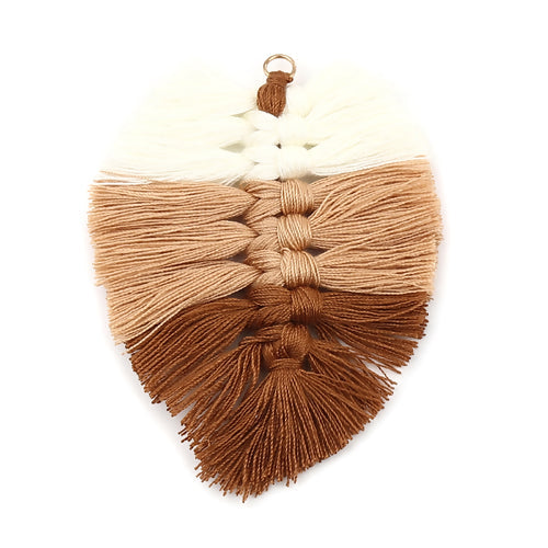 Tassels, Cotton, Large, Braided Leaf, With Gold Jump Ring, Brown, White, 9cm - BEADED CREATIONS