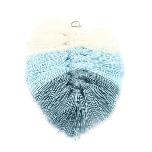 Tassels, Cotton, Large, Braided Leaf, With Gold Jump Ring, Light Blue, White, 9cm - BEADED CREATIONS