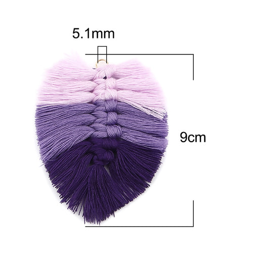 Tassels, Cotton, Large, Braided Leaf, With Gold Jump Ring, Purple, Lilac, 9cm - BEADED CREATIONS