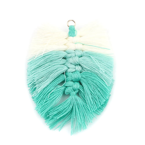 Tassels, Cotton, Large, Braided Leaf, With Gold Jump Ring, Teal, White, 9cm - BEADED CREATIONS