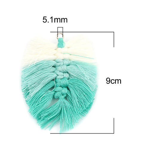 Tassels, Cotton, Large, Braided Leaf, With Gold Jump Ring, Teal, White, 9cm - BEADED CREATIONS