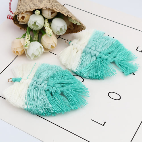 Tassels, Cotton, Large, Braided Leaf, With Gold Jump Ring, Teal, White, 9cm - BEADED CREATIONS