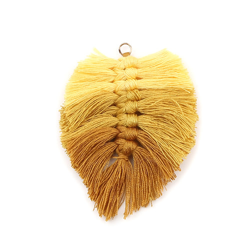 Tassels, Cotton, Large, Braided Leaf, With Gold Jump Ring, Yellow, Light Brown, 9cm - BEADED CREATIONS