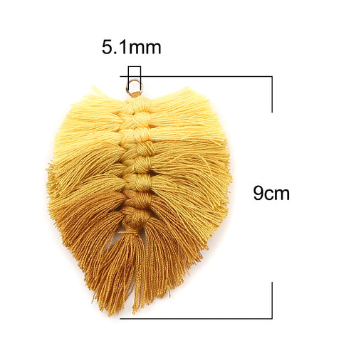 Tassels, Cotton, Large, Braided Leaf, With Gold Jump Ring, Yellow, Light Brown, 9cm - BEADED CREATIONS