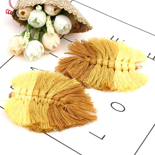 Tassels, Cotton, Large, Braided Leaf, With Gold Jump Ring, Yellow, Light Brown, 9cm - BEADED CREATIONS