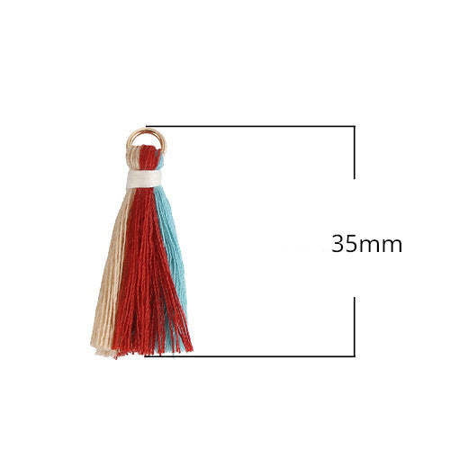 Tassels, Cotton, With Gold Jump Ring, Beige, Blue, Red, 35mm - BEADED CREATIONS