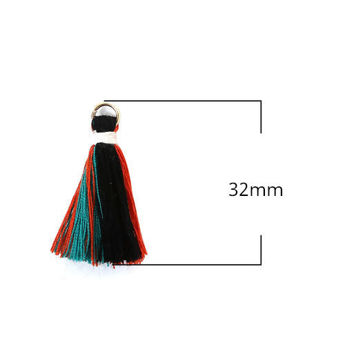 Tassels, Cotton, With Gold Jump Ring, Black, Red, Green, 32mm - BEADED CREATIONS