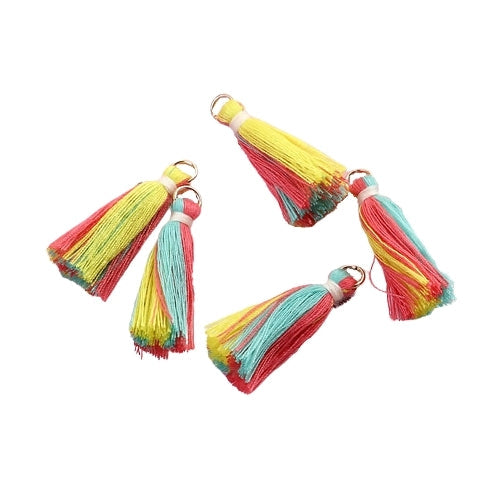 Tassels, Cotton, With Gold Jump Ring, Yellow, Light Blue, Watermelon Red, 35mm - BEADED CREATIONS