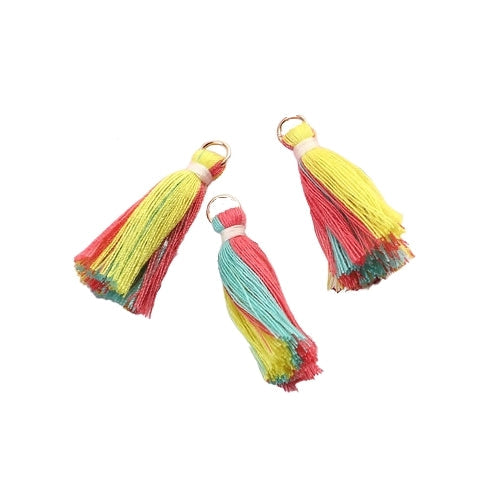 Tassels, Cotton, With Gold Jump Ring, Yellow, Light Blue, Watermelon Red, 35mm - BEADED CREATIONS