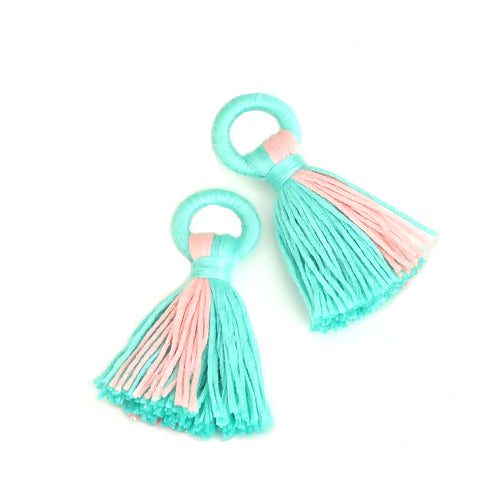 Tassels, Cotton, With Wrapped Head, Mint Green, Pink, 6.4cm - BEADED CREATIONS